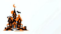 Spooky haunted house with orange and black colors, featuring turrets, bats, and pumpkins on isolated white background for Halloween designs and seasonal projects.