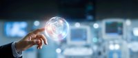 Businessman hand holding glowing digital globe with network connections in modern tech environment for global business, innovation, and digital transformation concepts.