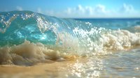 Ocean wave breaking on sandy beach with crystal clear water and sunlight creating sparkles through translucent aqua curl, close-up nature photography.