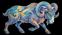 Ornate ram with swirling floral patterns in vibrant blue, teal, and gold tones, isolated on transparent background, ready for stickers, t-shirt design, and print on demand.