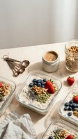 Healthy meal prep containers with overnight oats topped with fresh berries, nuts and seeds on wooden surface with natural lighting for breakfast planning.