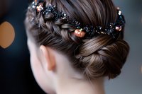Elegant bridal updo hairstyle with delicate blue crystal hair accessories and braided details, photographed from behind showing intricate styling and soft bokeh lights.