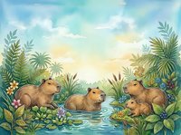 Capybara family relaxing by tropical pond with lush vegetation and flowers in peaceful natural habitat watercolor illustration for children books.