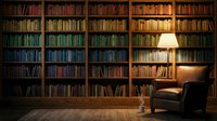 Cozy home library with floor-to-ceiling bookshelves, warm lamp lighting, leather armchair and wooden floors creating reading atmosphere for study space.