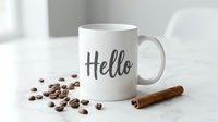 White ceramic coffee mug with Hello lettering, surrounded by coffee beans and cinnamon stick on marble surface, cozy morning concept.