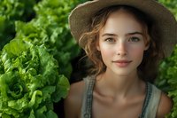Young Caucasian woman in straw hat smiling among fresh green lettuce leaves in garden, natural summer portrait with soft lighting and organic farming concept.