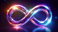 Glowing infinity symbol with vibrant neon colors floating in cosmic space with stars, representing endless possibilities and eternal concepts for technology designs.