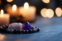 Healing crystals and amethyst stones with rose quartz on dark surface against glowing candlelight bokeh background creating spiritual meditation atmosphere.
