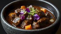 Gourmet beef bourguignon with tender meat chunks, pearl onions and carrots in rich wine sauce, garnished with purple edible flowers and microgreens in black bowl.