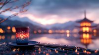 Glowing drink against blurred pagoda silhouette at dusk, with bokeh lights reflecting on lake surface creating dreamy atmospheric scene at sunset.