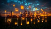 Industrial refinery silhouette at dramatic sunset with glowing orange warning signs and digital interface elements floating against dark cloudy sky.