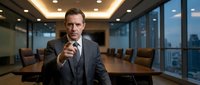 Confident businessman in suit pointing at camera in modern corporate boardroom with glass walls and city view during evening hours.