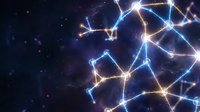 Futuristic digital network connections with glowing nodes and energy lines against cosmic space background for technology and communication concepts.