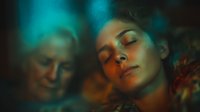 Young woman with curly hair in dramatic teal and orange lighting with blurred figure in background creating moody atmospheric portrait for creative projects.