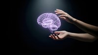 Hands holding glowing purple brain hologram against dark background, representing artificial intelligence, neuroscience, and digital innovation for technology concepts.