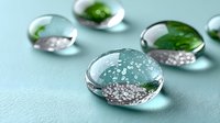 Crystal clear water drops with silver glitter particles on mint green surface, creating elegant macro photography for cosmetic or spa advertising.