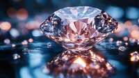 Sparkling pink diamond on reflective dark surface with bokeh lights background creates magical luxury atmosphere for jewelry and precious stones advertising.