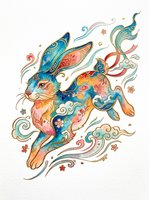 Colorful ornate rabbit in Asian folk art style, decorated with floral patterns and swirling clouds, isolated on transparent background, for stickers, sublimation, print on demand.