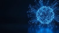 Abstract blue digital sphere with radiating particle connections and network lines on dark background, representing technology, data, and innovation concepts.