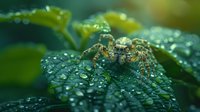 Jumping spider on wet green leaf with morning dew drops. Macro photography captures arachnid in natural environment with bokeh effect and water droplets.