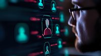 Professional in glasses examining digital interface with hourglass icons and user profiles on dark background with neon cyan and red glow, modern technology concept.