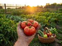 Fresh ripe tomatoes in farmer's hand at sunset in organic vegetable garden with harvest basket, showcasing homegrown produce and sustainable agriculture.