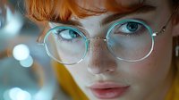 Close up portrait of young redhead woman with freckles wearing round turquoise glasses frame against blurred bokeh background. Natural beauty concept.