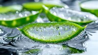 Fresh aloe vera leaf segments with water drops on dark reflective surface, close-up macro shot showing natural gel texture and moisturizing properties.
