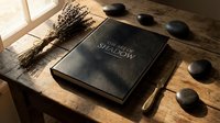 Dark leather hardcover book on rustic wooden table with dried lavender, smooth stones, and soft natural light creating a moody, artistic atmosphere.