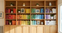 Organized wooden bookshelf with colorful books arranged by rainbow spectrum, decorative plants and vases creating modern home library interior design.
