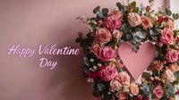 Pink roses and eucalyptus wreath with heart cutout and Valentine greeting on dusty rose background, romantic holiday floral arrangement for love celebration.