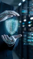 Hands holding glowing digital shield with circuit board pattern in modern server room environment, representing cybersecurity, data protection, and network safety for technology concepts.