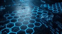 Digital hexagonal network pattern with glowing blue circuit board technology background for futuristic tech designs and presentations.