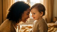 Happy African American mother and toddler son sharing tender moment in warm sunlit bedroom, expressing love and connection in cozy family setting.