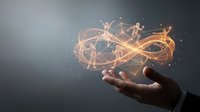 Businessman hand holding glowing digital gear mechanism with connected lines and particles, representing innovation, technology, engineering, and business solutions.