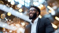 Young African American businessman smiling in festive environment with decorative golden orbs and bokeh lights, conveying success and celebration.