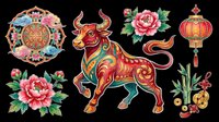 Colorful lunar new year ox clipart set with peony flowers, lantern, bamboo, and coins, isolated on transparent background, ready for stickers, sublimation, and t-shirt design.