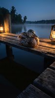 Ducks resting on wooden dock at twilight with vintage lanterns creating warm glow over misty lake surrounded by forest silhouettes in peaceful evening atmosphere.