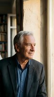 Thoughtful senior Caucasian man in gray blazer gazing through window with warm natural light in home library setting for retirement lifestyle concepts.