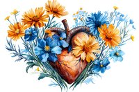Anatomical heart blooming with orange cosmos and blue forget-me-not flowers in watercolor style, artistic floral composition on white background.