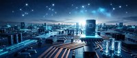 Aerial view of modern cityscape at dusk with glowing blue lights, digital network connections, and busy streets. Urban technology and smart city concept for business, innovation, and connectivity.