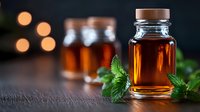 Glass bottle with amber liquid and fresh mint leaves on dark background with bokeh lights, natural herbal medicine or aromatherapy concept.