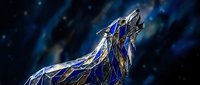 Geometric wolf howling at starry night sky with stained glass effect in blue and gold colors for modern digital art projects and wildlife themed designs.
