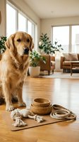 Golden retriever sitting in bright modern living room with wooden bowls and rope toys on floor mat, suitable for pet care and home decor content.