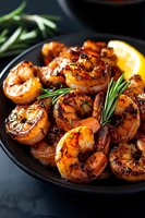 Grilled shrimp with herbs and lemon on dark plate. Succulent seafood appetizer garnished with rosemary and citrus for restaurant menu or cooking blog.