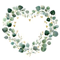 Watercolor eucalyptus heart wreath with gold accents on white background, perfect for wedding invitations and romantic designs.