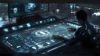 Futuristic command center with holographic interface displays and silhouetted operator managing advanced technology systems in dark cyberpunk environment.