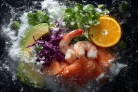 Fresh seafood composition with salmon, shrimp, avocado, orange slice and purple cabbage on dark background with ice and herbs, dramatic food photography.