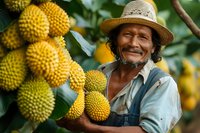 Mature Asian farmer in straw hat smiling while harvesting fresh durian fruits from tropical plantation, showcasing agricultural lifestyle.