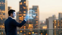 Professional businessman in suit holding glowing digital justice scales hologram against urban city skyline at sunset for legal technology concepts.